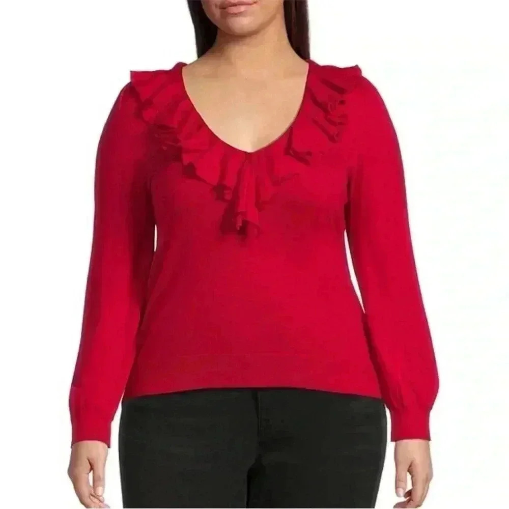 Lauren Ralph Lauren  Ruffle V-Neck
Long Puffed Sleeve Ribbed Hem Jersey Size L